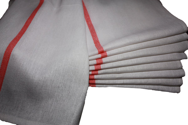Kitchen Dish Towels - White with RED STRIPE, Low Lint, Prof Grade 24 Oz, 100% Cotton Tea Towel With Herringbone Weave, Exceptional Absorption.  Preferred by Chefs, Eco-Friendly
