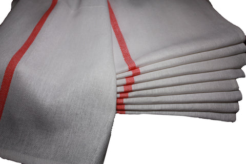 Kitchen Dish Towels - White with RED STRIPE, Low Lint, Prof Grade 24 Oz, 100% Cotton Tea Towel With Herringbone Weave, Exceptional Absorption.  Preferred by Chefs, Eco-Friendly