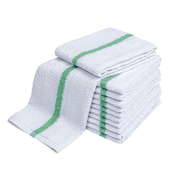 ECONOMY White Hand Towels with Green Stripe 16x27 Inch - 100% Cotton